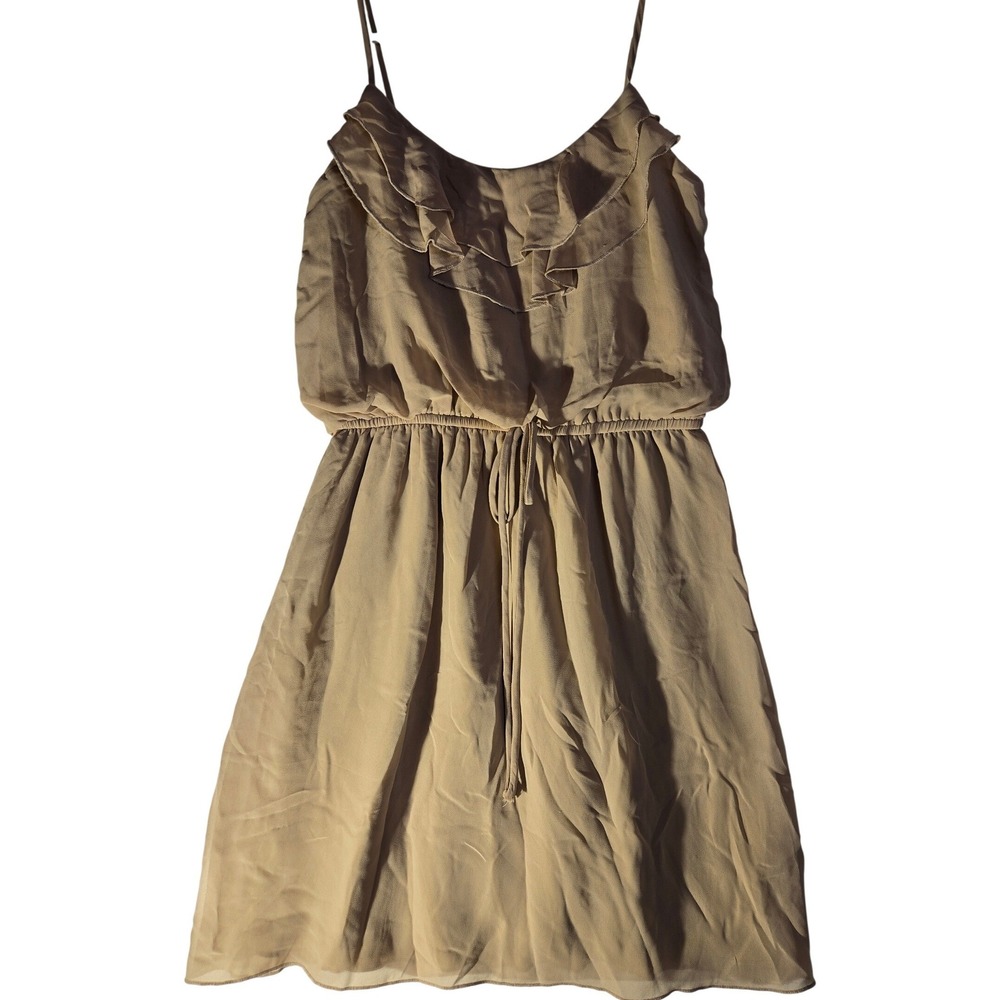 Sweet Storm Tan Ruffle Mini Dress Small Beige Sleeveless Elastic Waist Lined